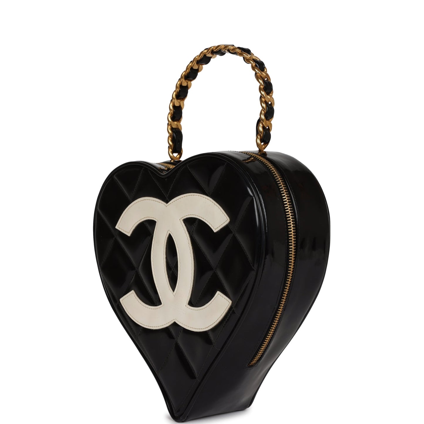 Vintage Chanel Heart Vanity Bag Black and White Patent Antique Gold Hardware