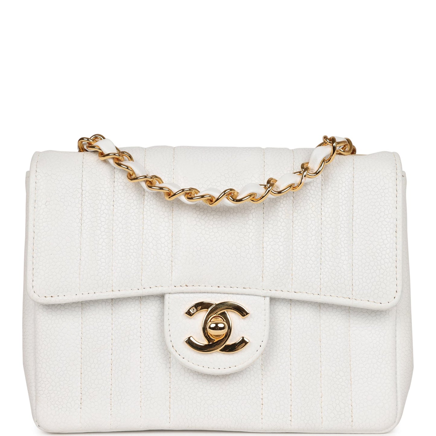 Vintage Chanel Mini Square Flap Vertical Stripe White Caviar Gold Hardware