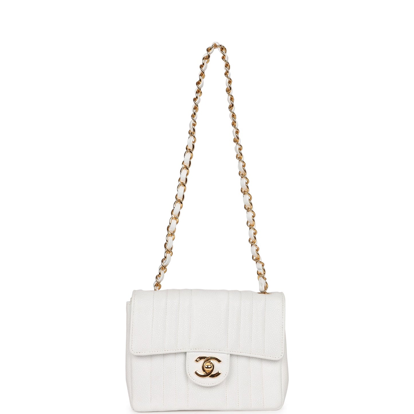 Vintage Chanel Mini Square Flap Vertical Stripe White Caviar Gold Hardware