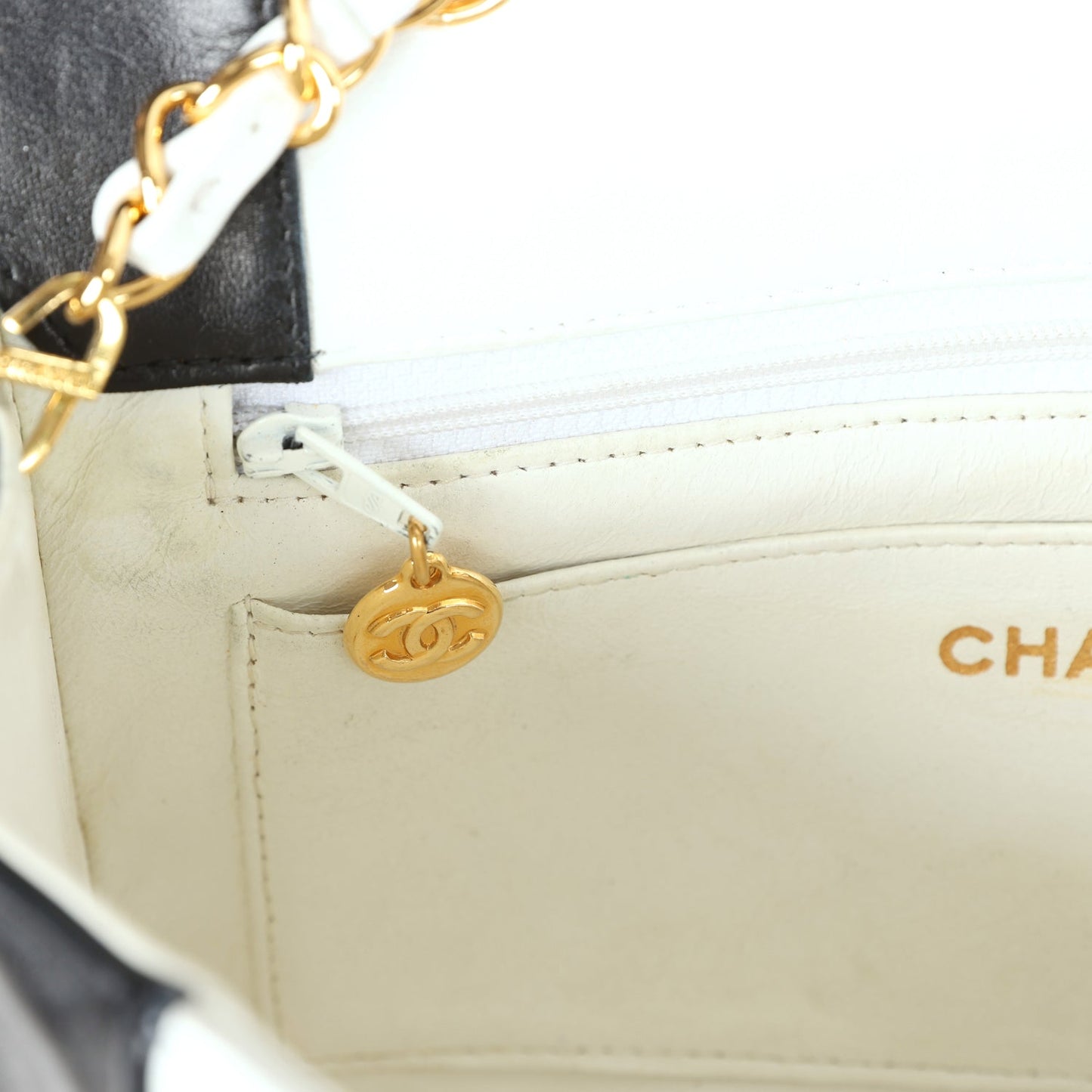 Vintage Chanel Small Mademoiselle Flap White and Navy Lambskin Gold Hardware