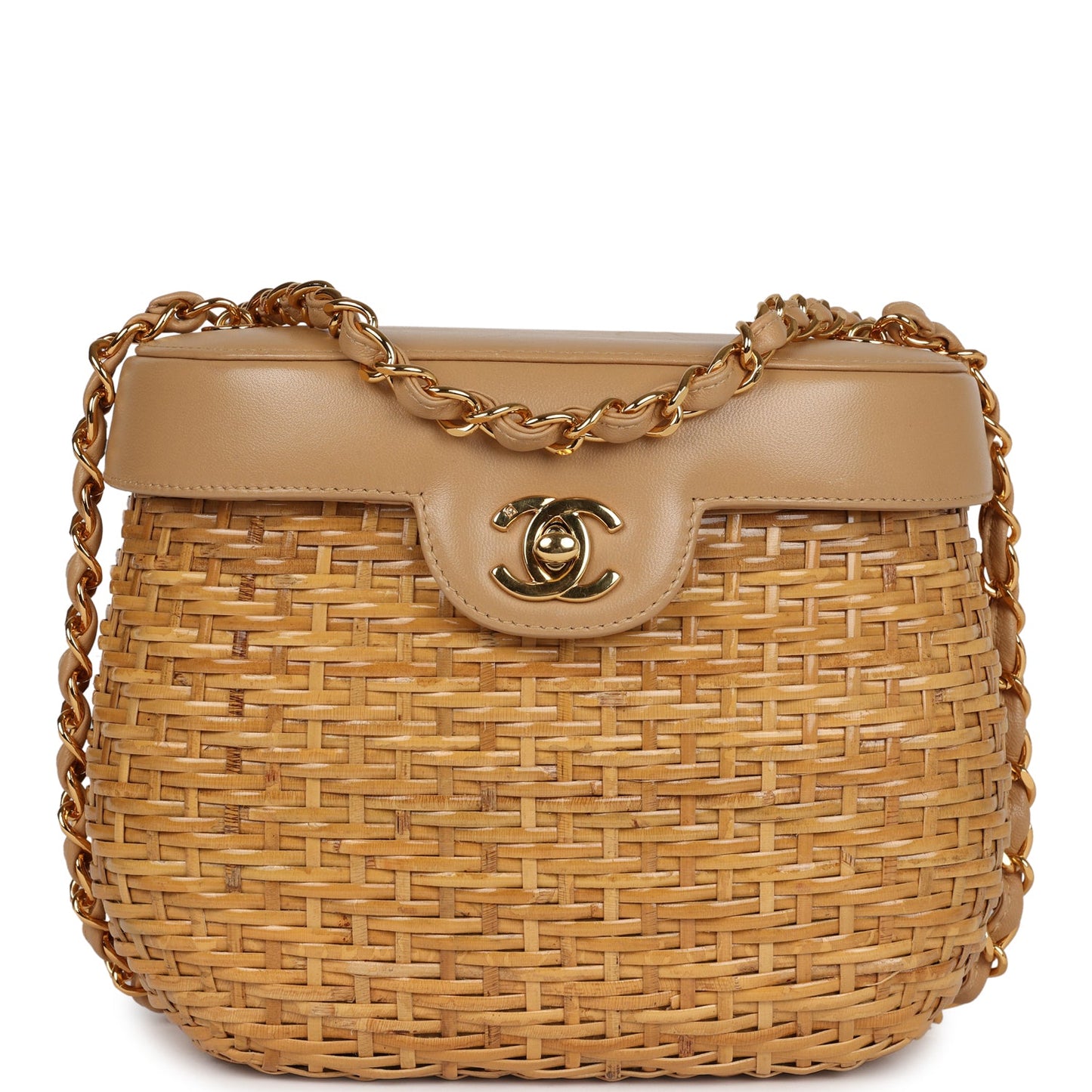 Vintage Chanel Basket Bag Beige Lambskin and Rattan Wicker Gold Hardware