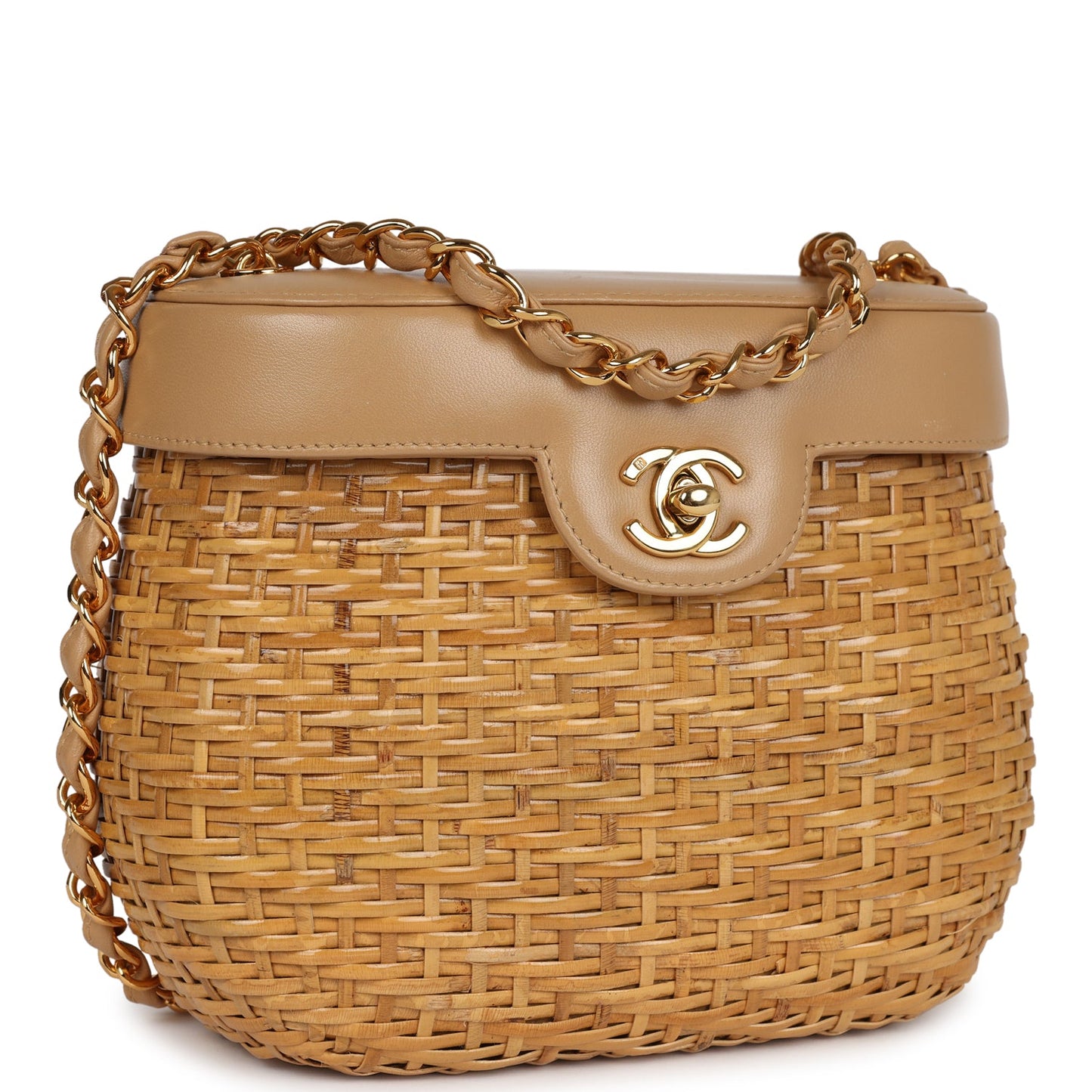 Vintage Chanel Basket Bag Beige Lambskin and Rattan Wicker Gold Hardware