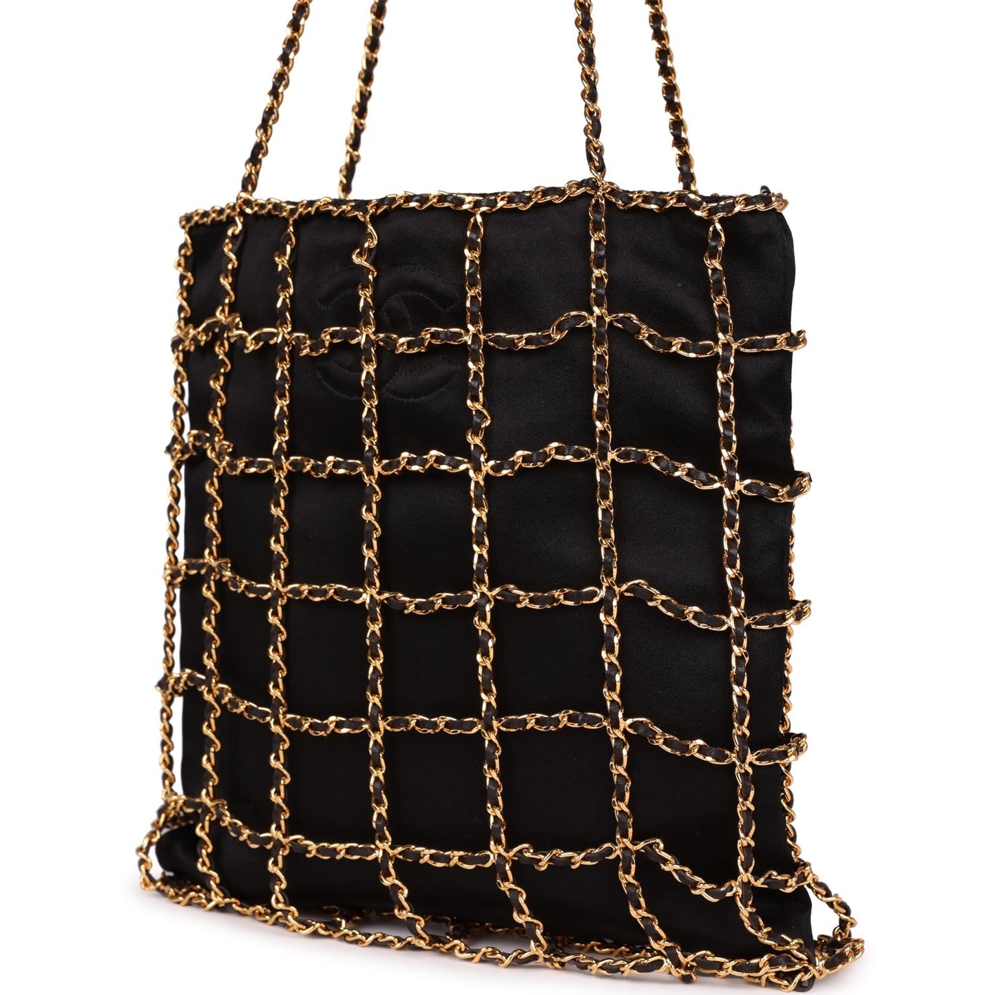 Vintage Chanel Chain Frame CC Shopping Tote Black Satin Gold Hardware