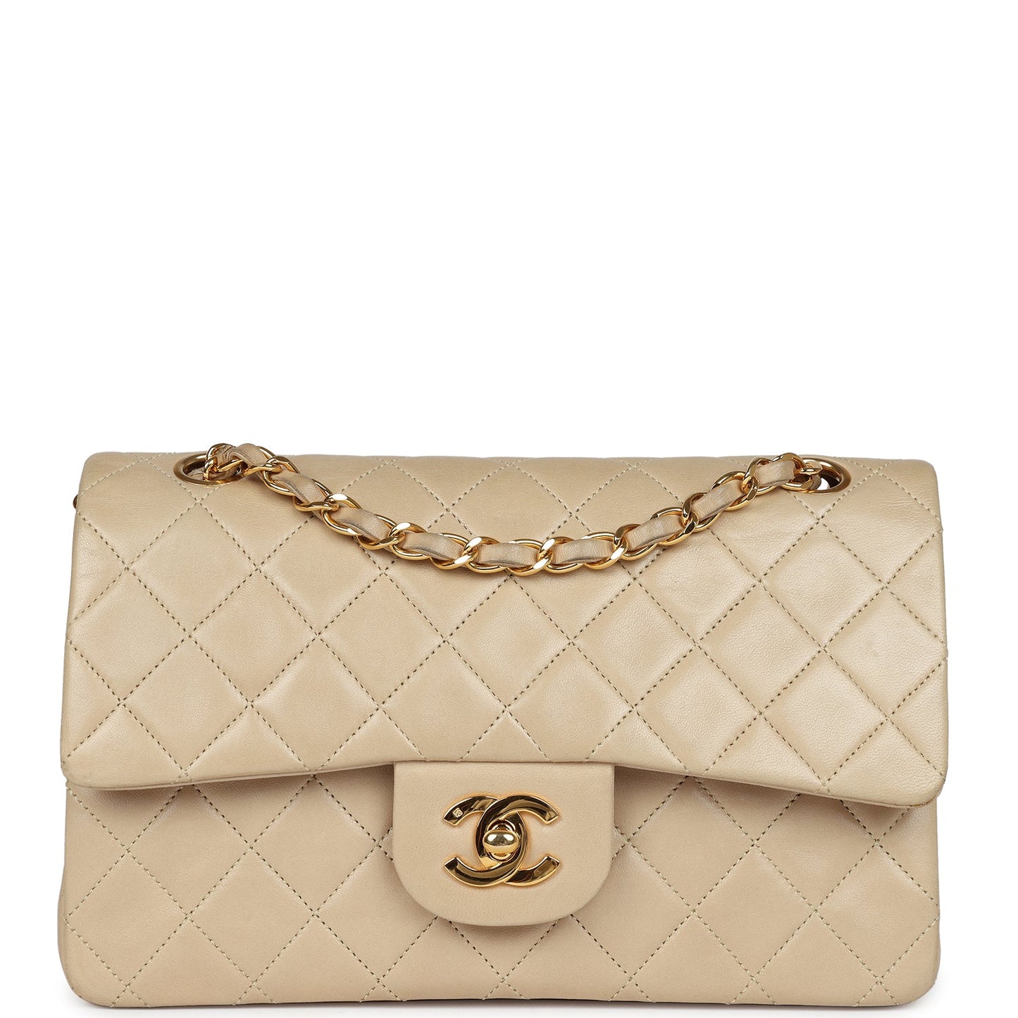 Vintage Chanel Small Classic Double Flap Beige Lambskin Gold Hardware