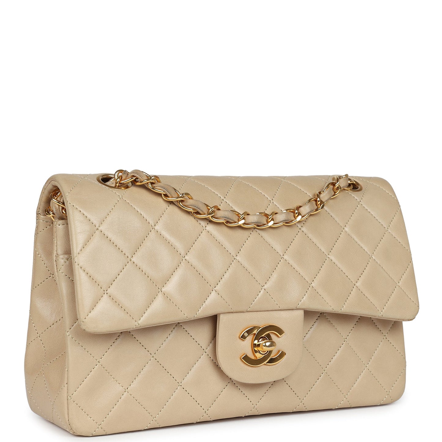 Vintage Chanel Small Classic Double Flap Beige Lambskin Gold Hardware