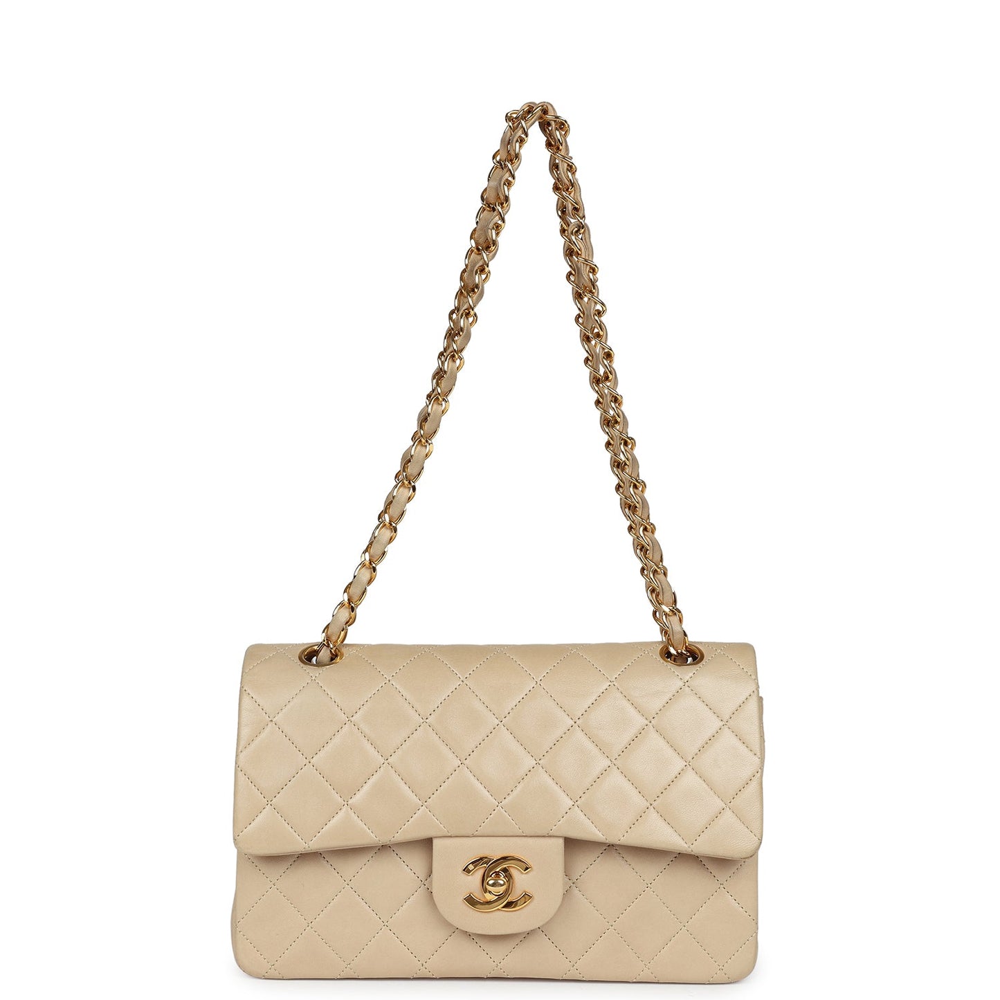 Vintage Chanel Small Classic Double Flap Beige Lambskin Gold Hardware