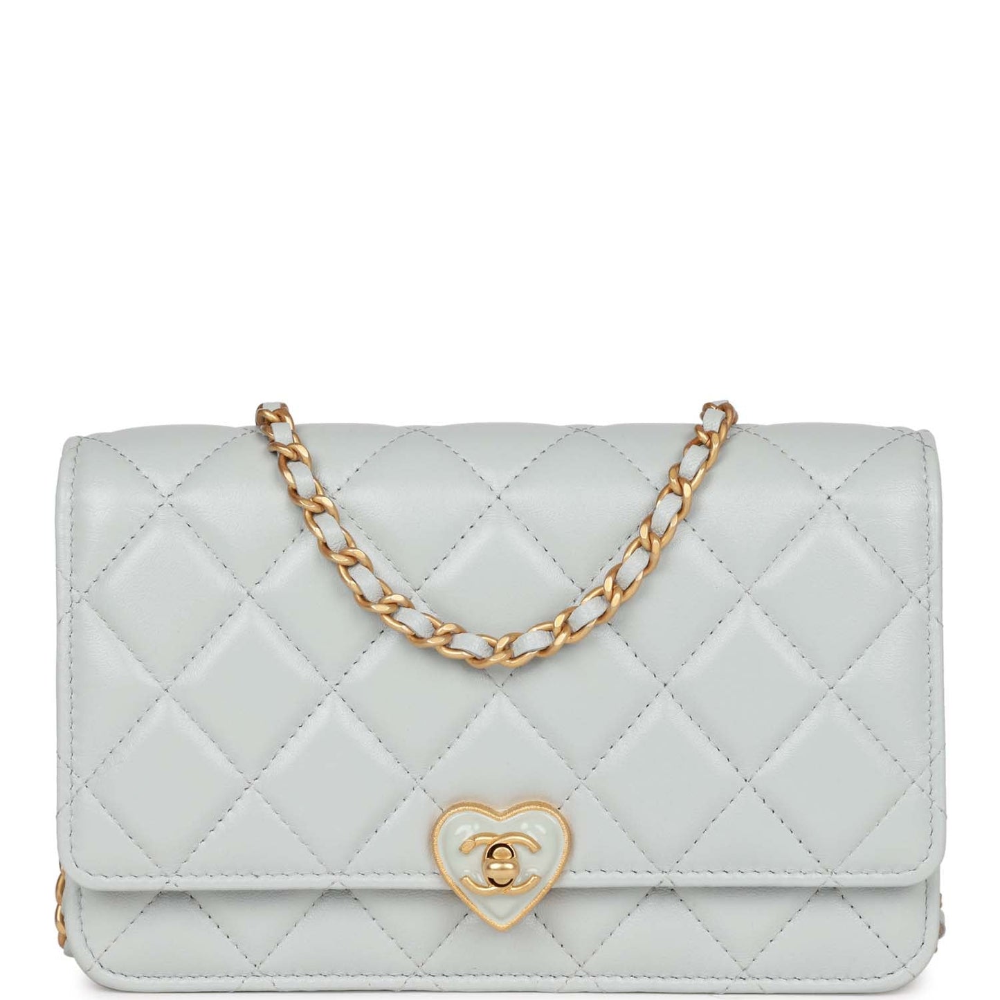 Chanel Heart Wallet on Chain WOC Light Blue Lambskin Aged Gold Hardware