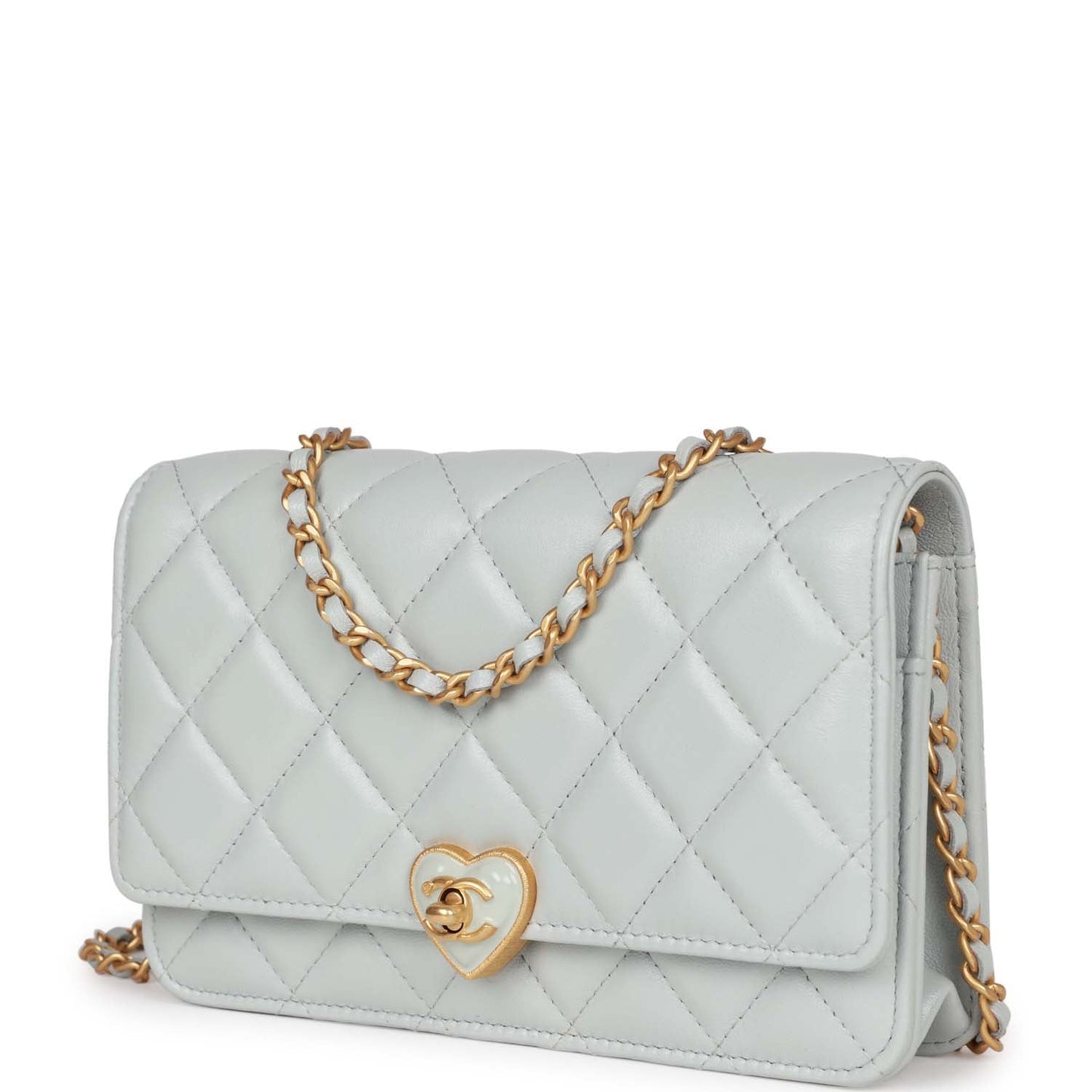 Chanel Heart Wallet on Chain WOC Light Blue Lambskin Aged Gold Hardware