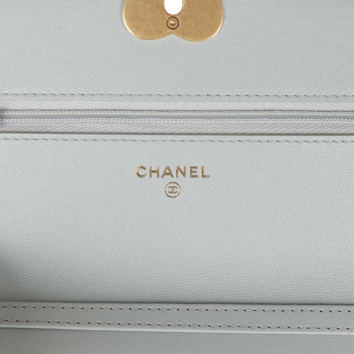 Chanel Heart Wallet on Chain WOC Light Blue Lambskin Aged Gold Hardware