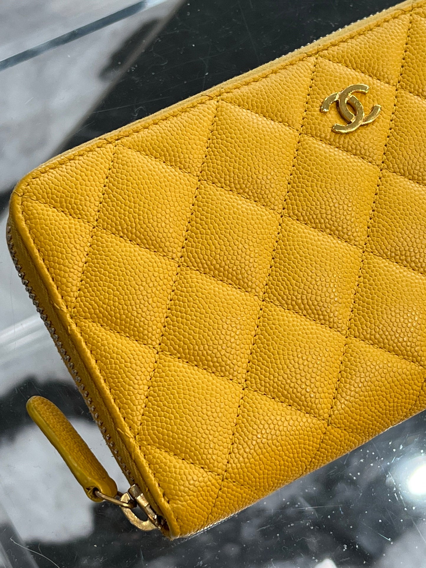 CHANEL CC QUILTED CAVIAR YELLOW ZIP AROUND WALLET