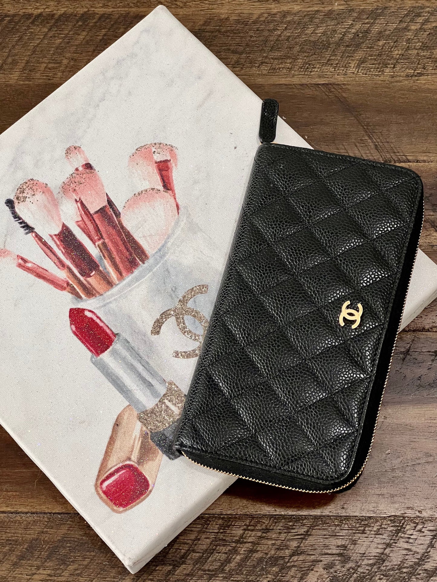 CHANEL QUILTED CAVIAR LARGE GUSSET ZIP AROUND WALLET