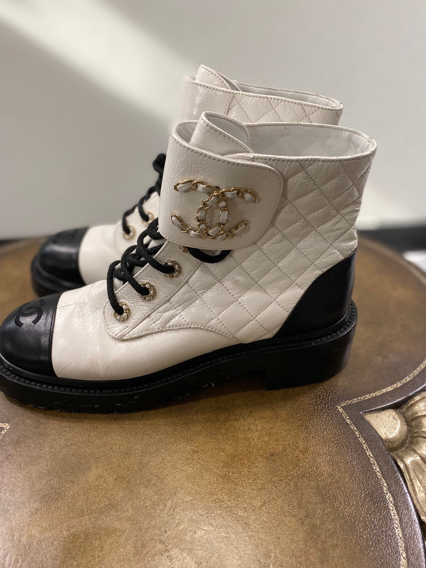 CHANEL QUILTED GOATSKIN CALFSKIN LACE-UP COMBAT BOOTS