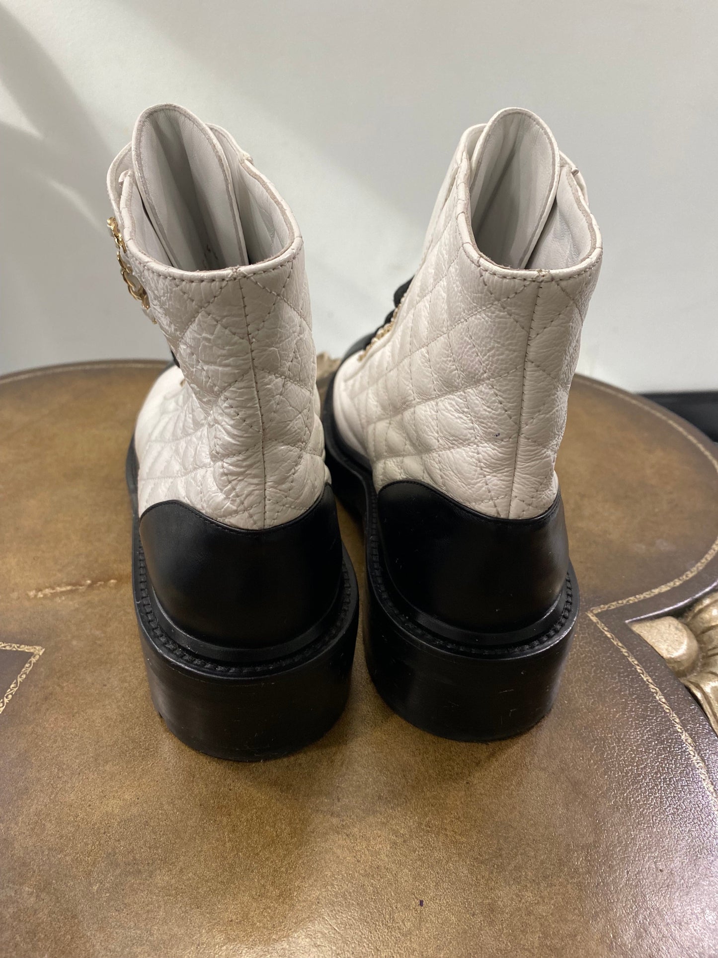 CHANEL QUILTED GOATSKIN CALFSKIN LACE-UP COMBAT BOOTS