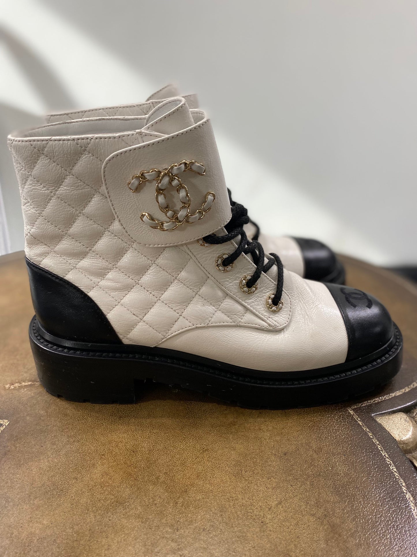 CHANEL QUILTED GOATSKIN CALFSKIN LACE-UP COMBAT BOOTS