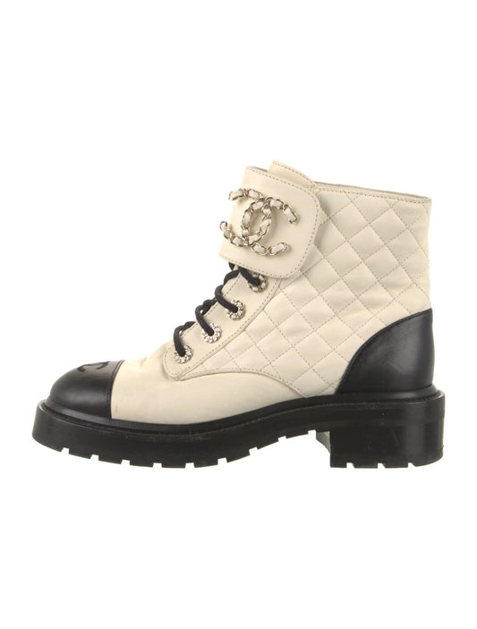 CHANEL QUILTED GOATSKIN CALFSKIN LACE-UP COMBAT BOOTS