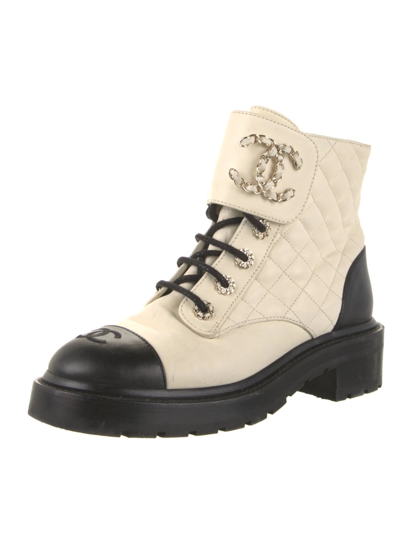 CHANEL QUILTED GOATSKIN CALFSKIN LACE-UP COMBAT BOOTS