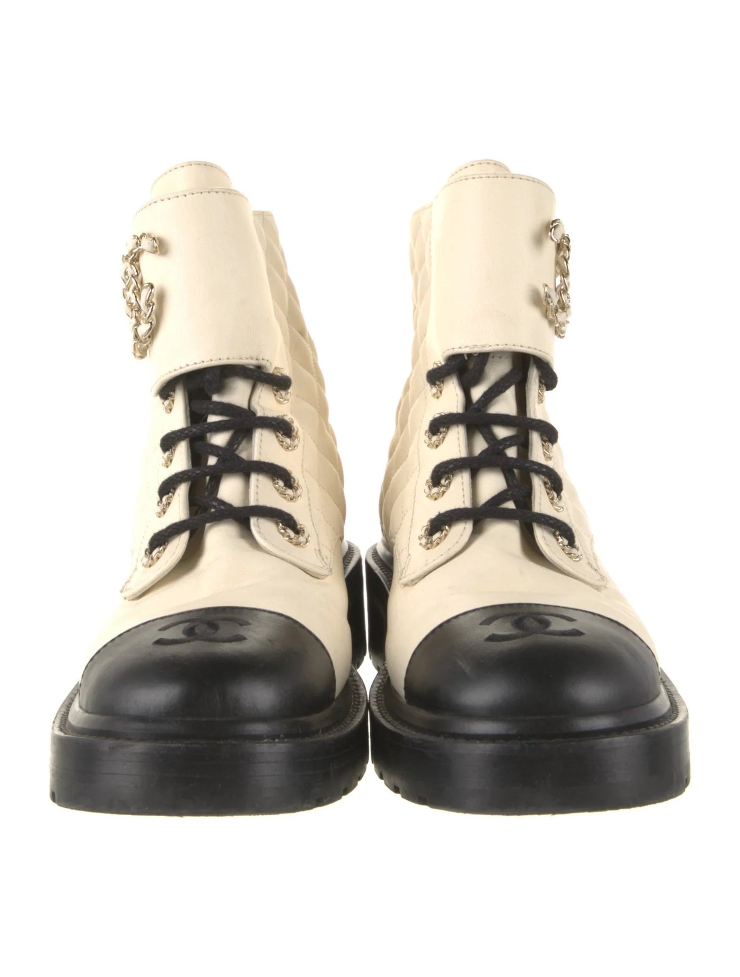 CHANEL QUILTED GOATSKIN CALFSKIN LACE-UP COMBAT BOOTS