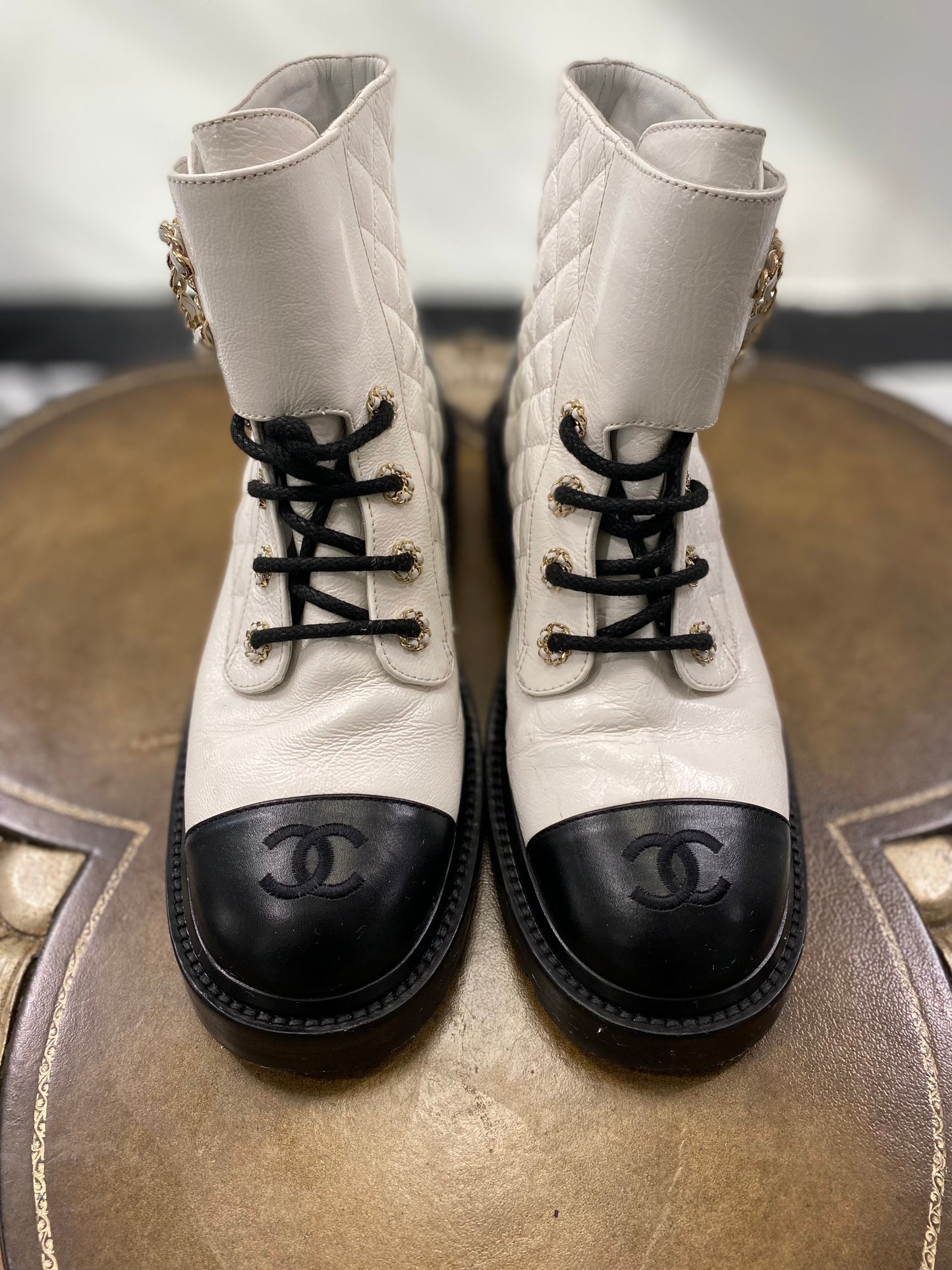 CHANEL QUILTED GOATSKIN CALFSKIN LACE-UP COMBAT BOOTS