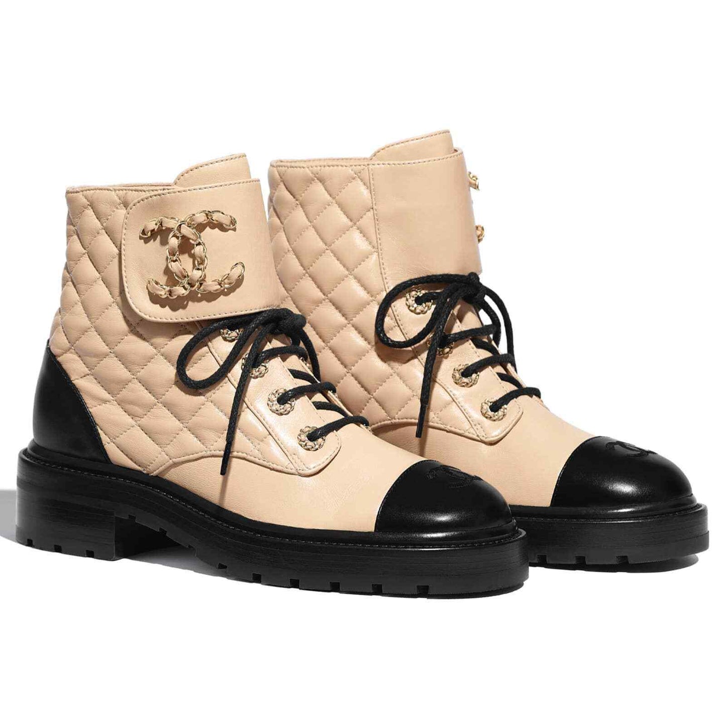 CHANEL QUILTED CC CHAIN COMBAT BOOTS