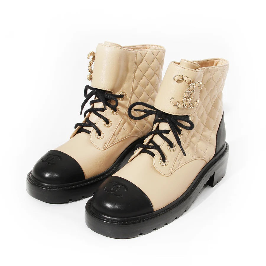 CHANEL QUILTED CC CHAIN COMBAT BOOTS