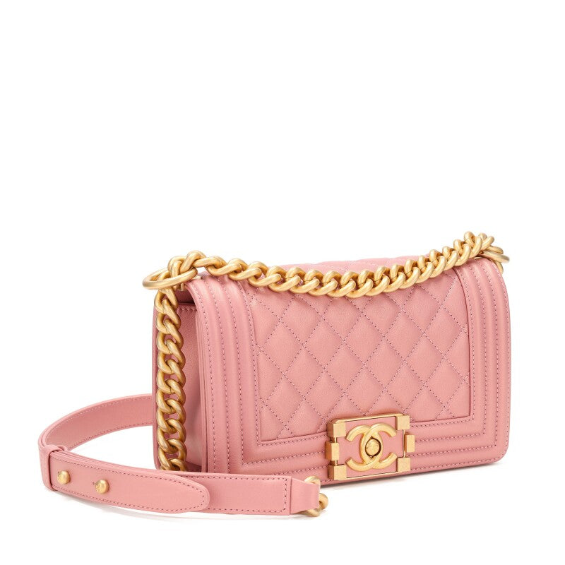 CHANEL QUILTED METALLIC PINK CALFSKIN SMALL BOY FLAP BAG