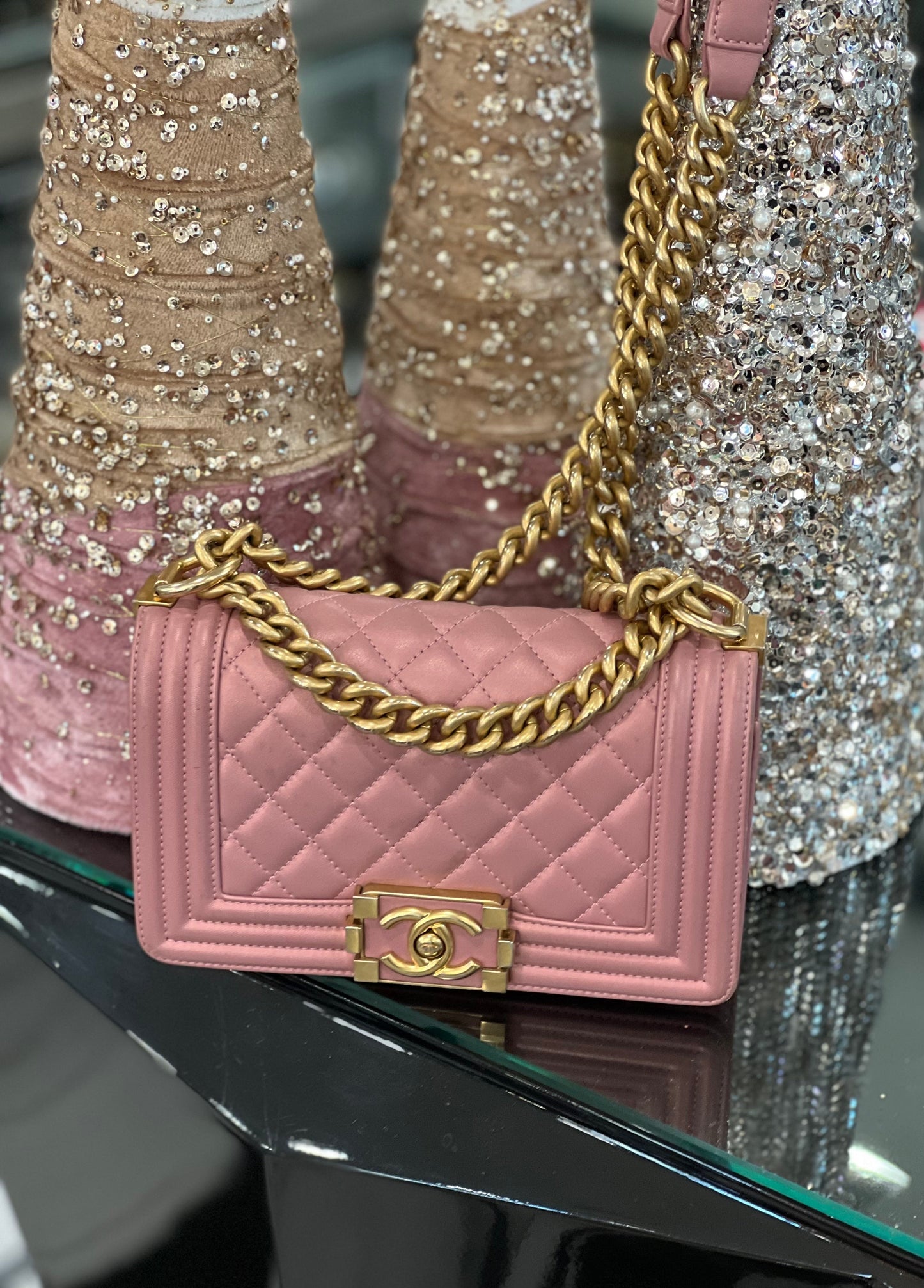 CHANEL QUILTED METALLIC PINK CALFSKIN SMALL BOY FLAP BAG