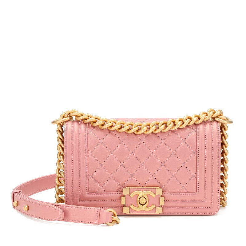 CHANEL QUILTED METALLIC PINK CALFSKIN SMALL BOY FLAP BAG