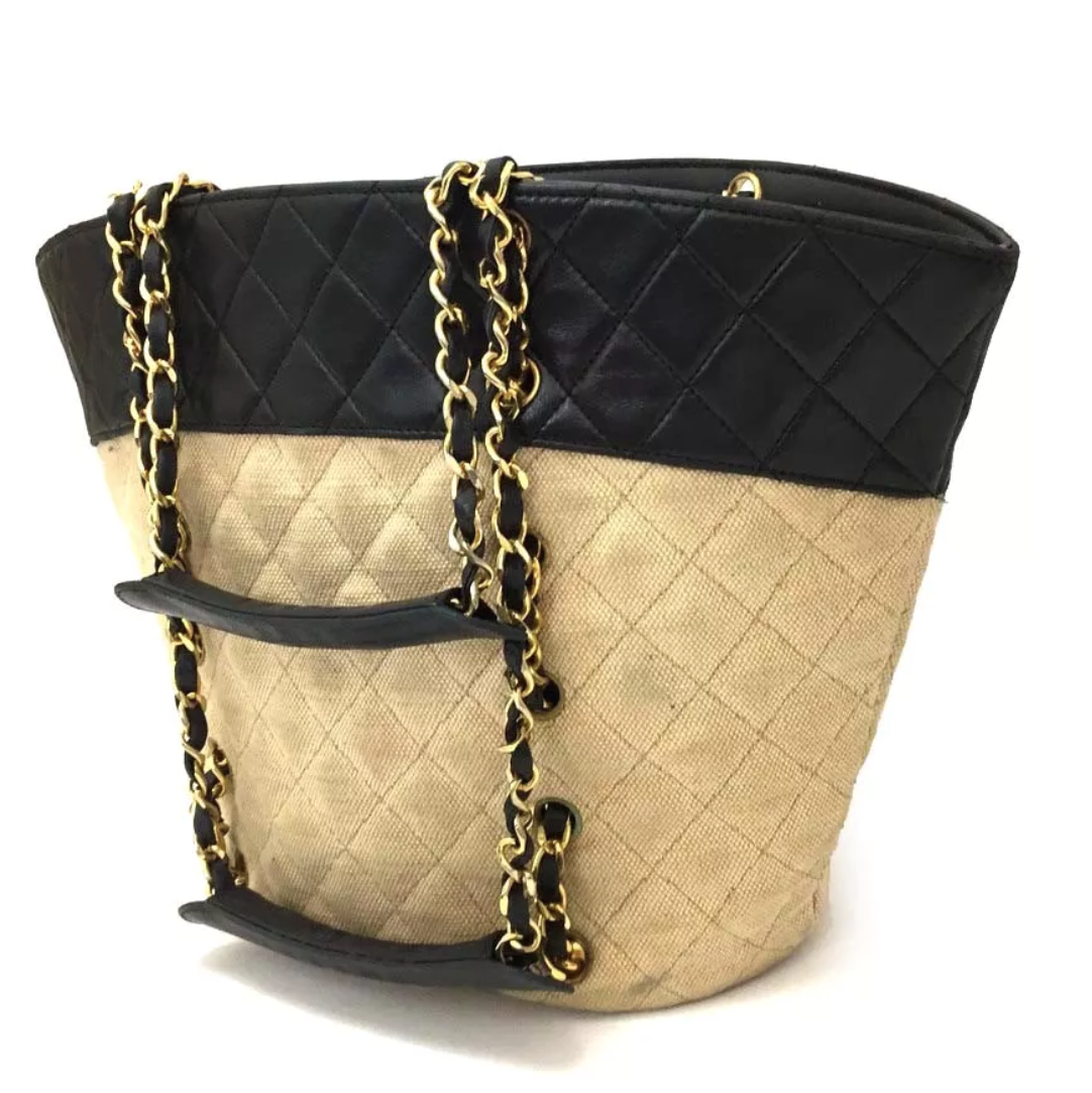 Chanel Canvas and Navy Leather Bucket Tote