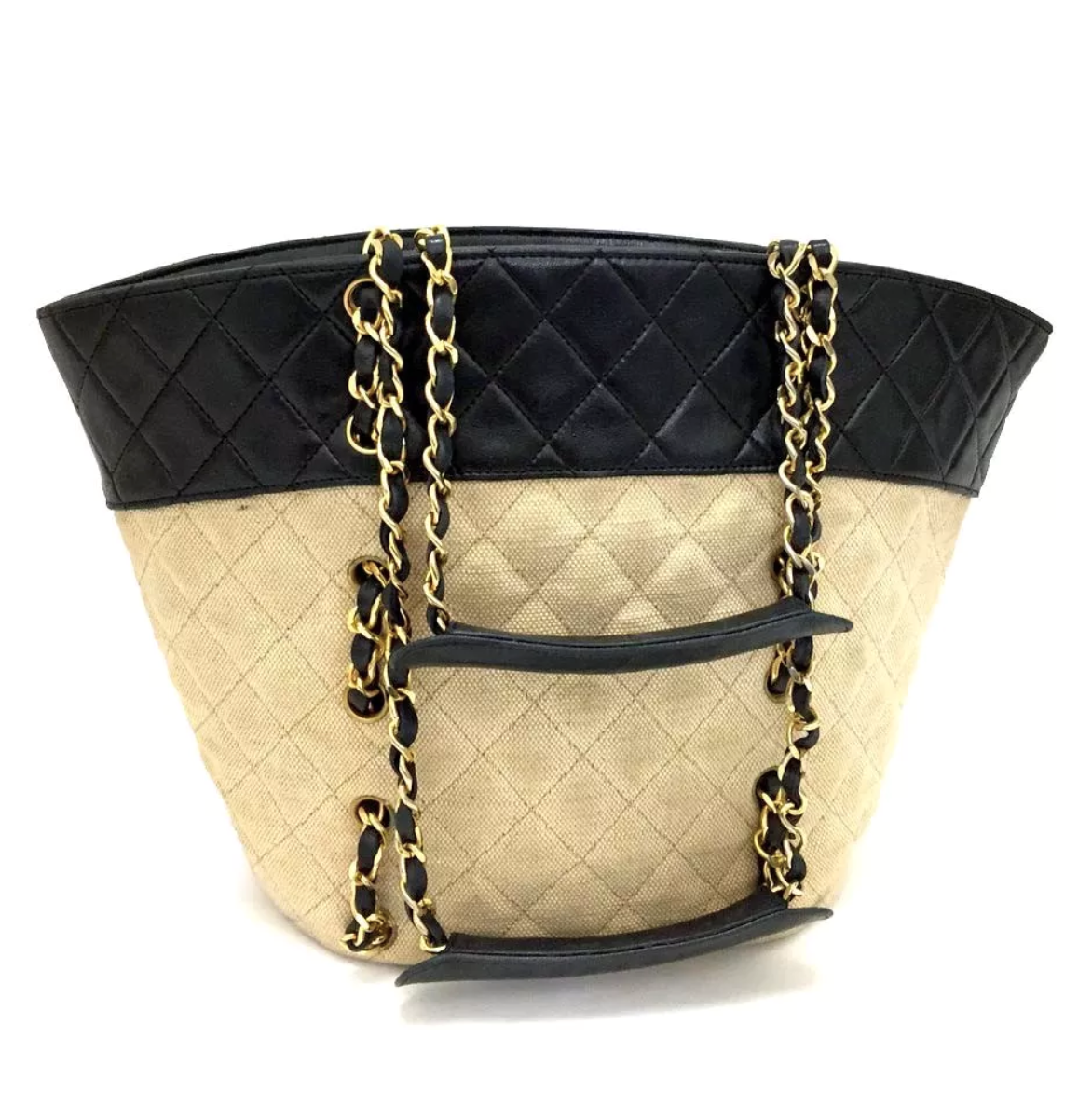 Chanel Canvas and Navy Leather Bucket Tote-Bags-Chanel-black/beige-JustGorgeousStudio.com