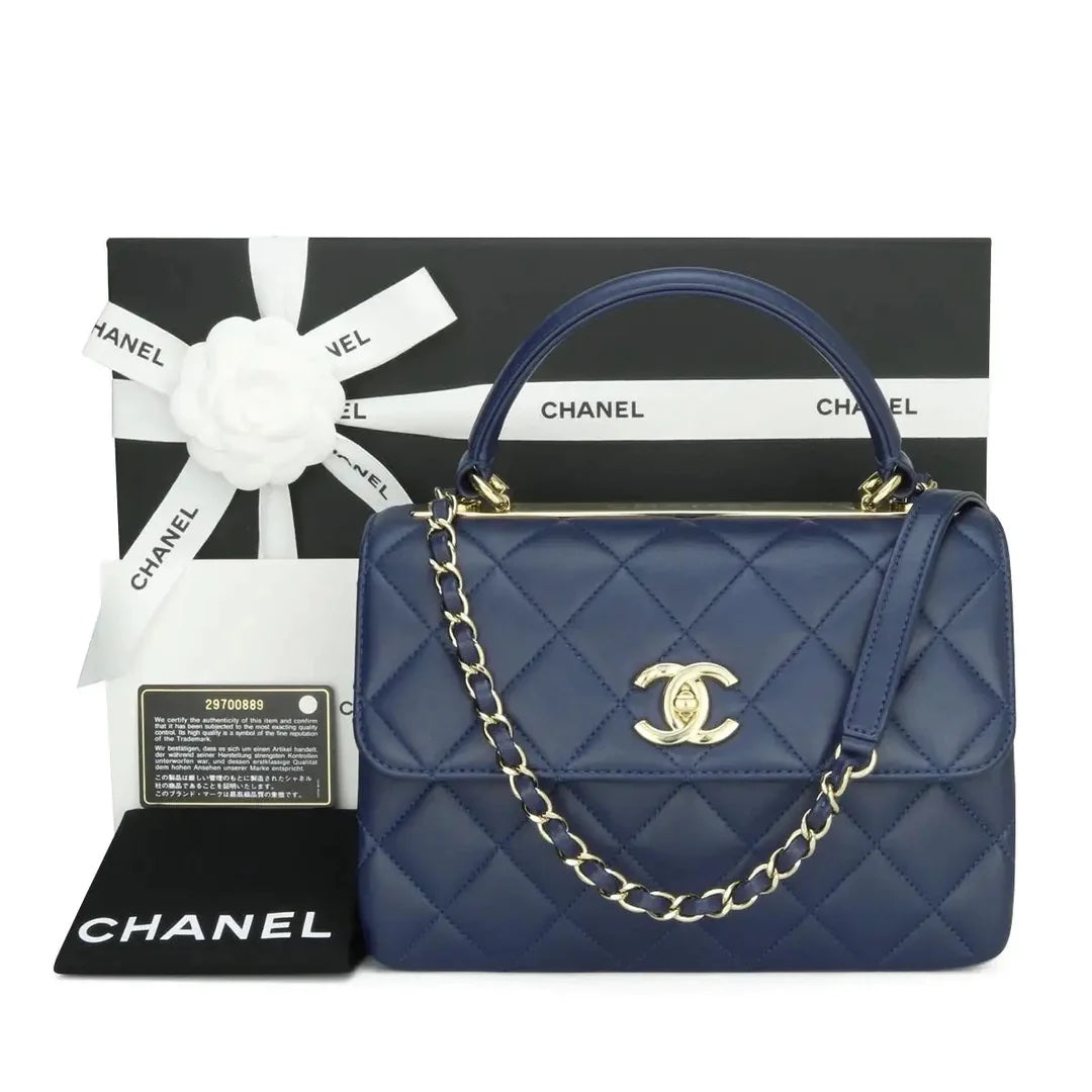 CHANEL QUILTED NAVY LAMBSKIN LEATHER TRENDY CC HANDLE FLAP BAG