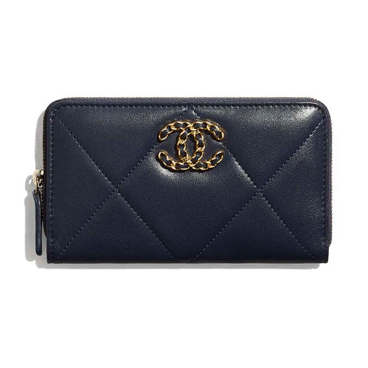 Chanel Women Chanel 19 Zipped Wallet in Lambskin Leather-Navy