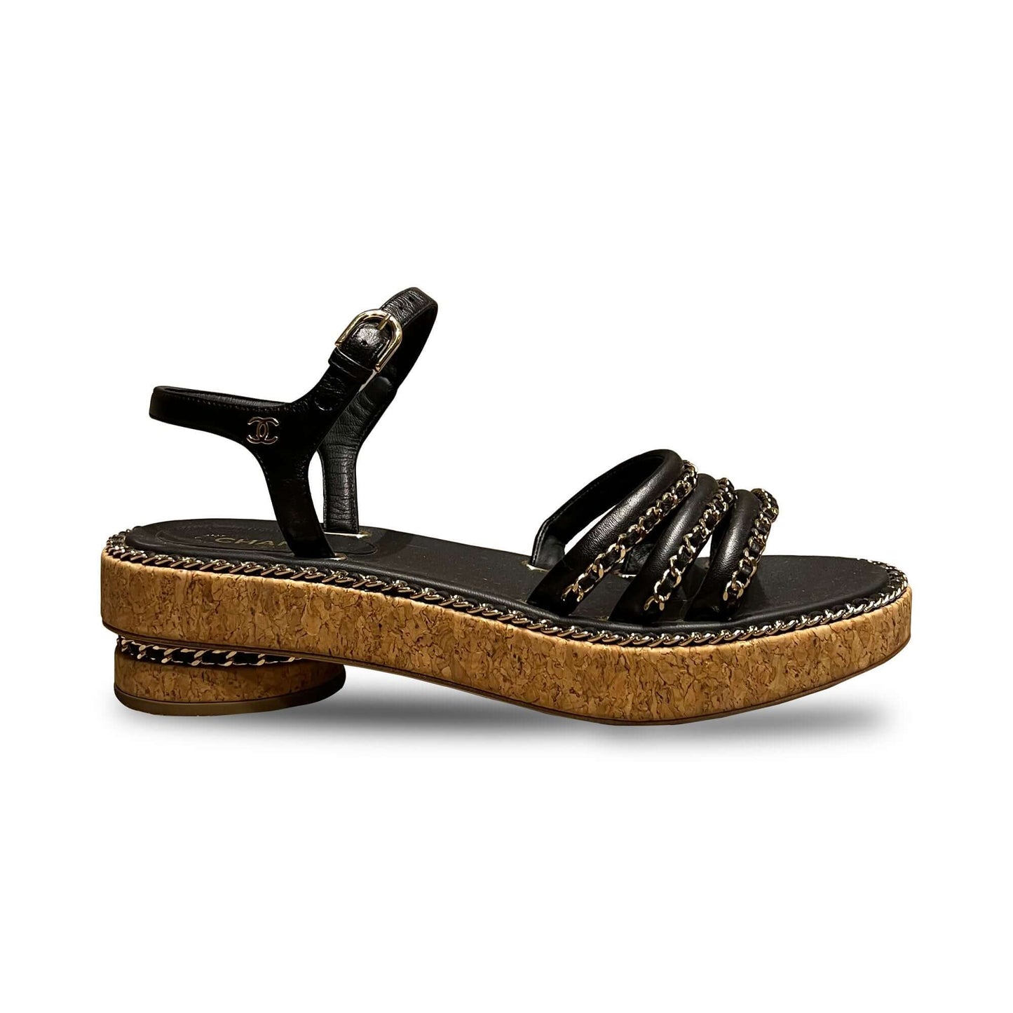 Chanel black chain leather sandals cork sole