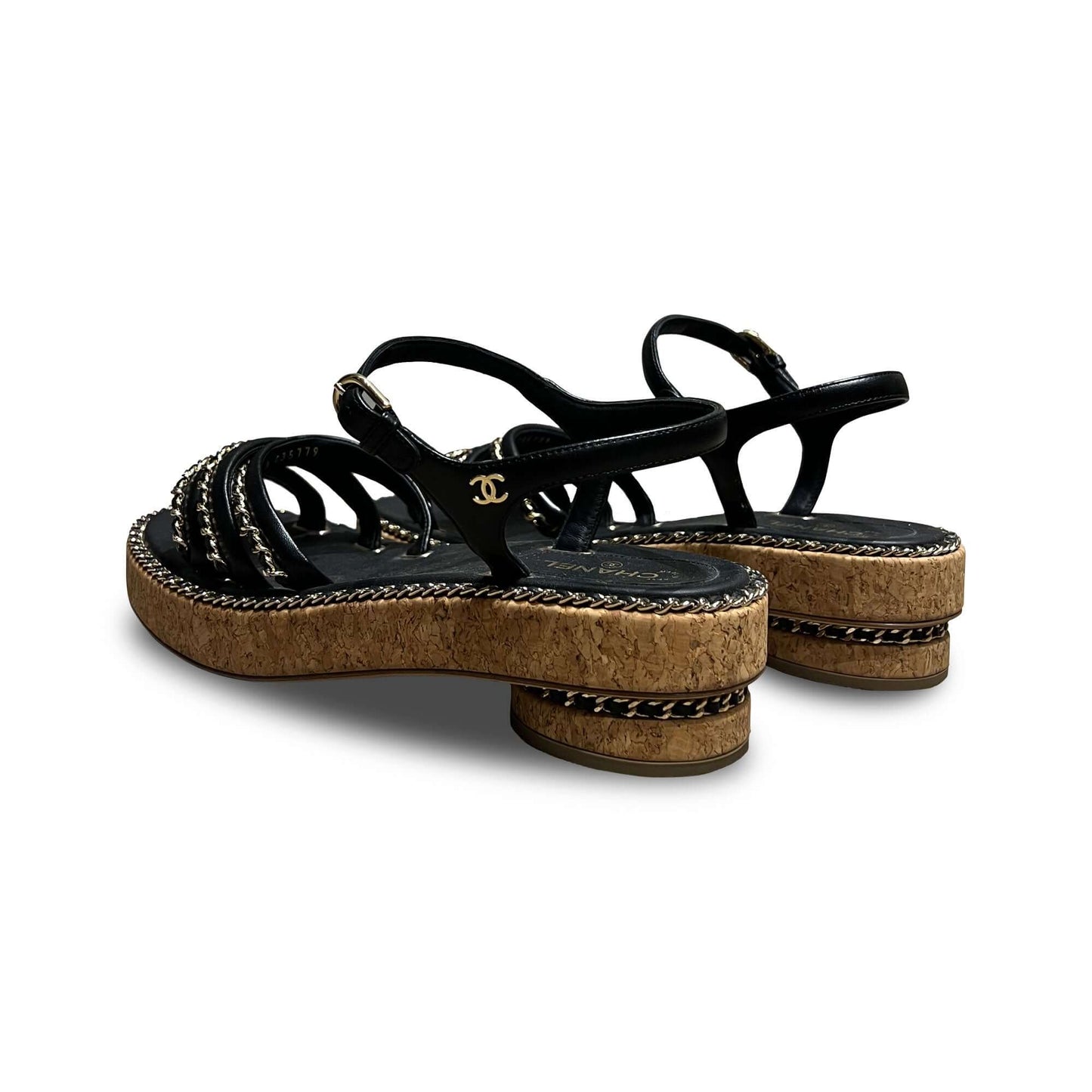 Chanel black chain leather sandals cork sole