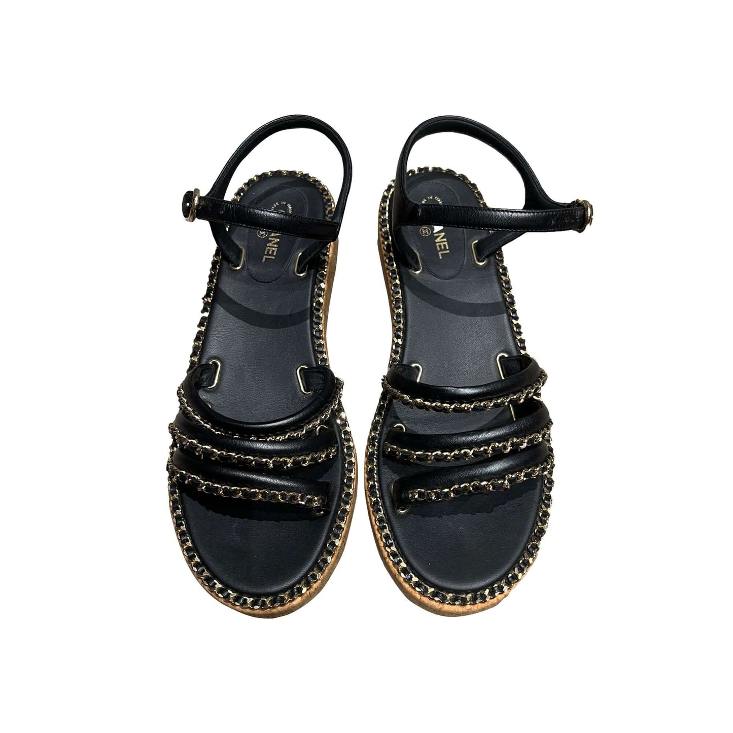 Chanel black chain leather sandals cork sole