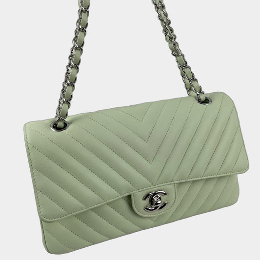 CHANEL Classic Medium Chevron Double Flap Bag - Light Green