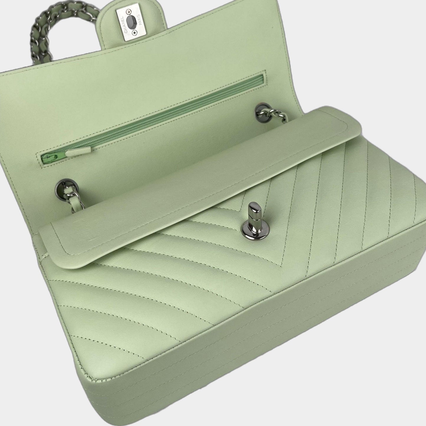 CHANEL Classic Medium Chevron Double Flap Bag - Light Green