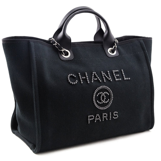 Chanel Black Canvas Mixed Fibers Pearl Large Deauville Tote