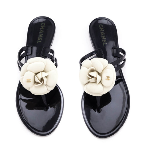 Chanel Black & Ivory Camellia Jelly Sandals Size US 8 | EU 38