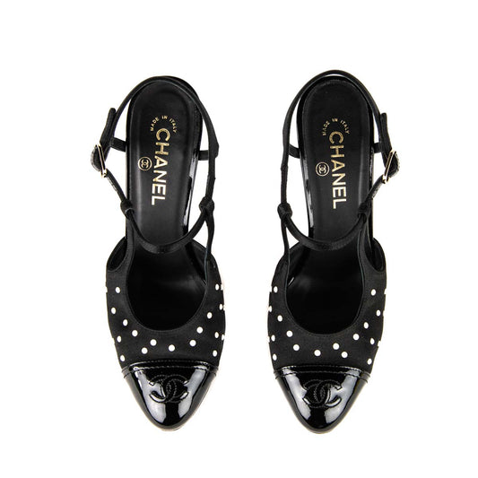 Chanel Black Satin Pearl Embellished CC Pumps Size US 10 | EU 40