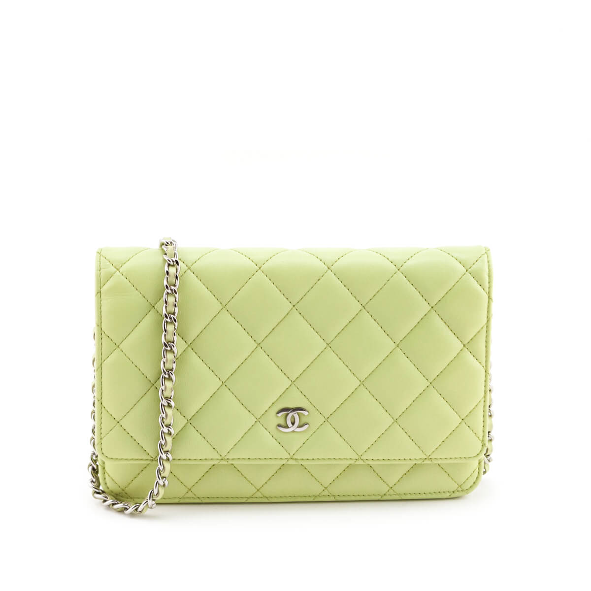 Chanel Pistachio Green Quilted Lambskin Classic Wallet On Chain