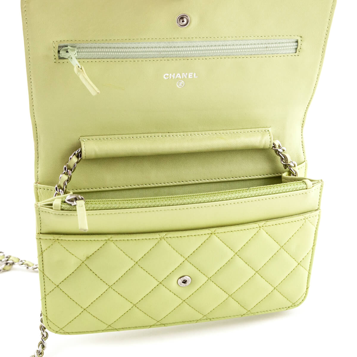 Chanel Pistachio Green Quilted Lambskin Classic Wallet On Chain