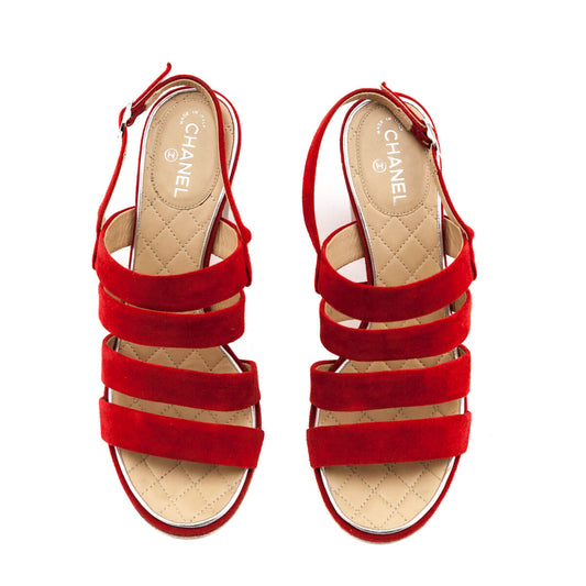 Chanel Red Suede Multi-Strap CC Sandals US 7 | EU 37