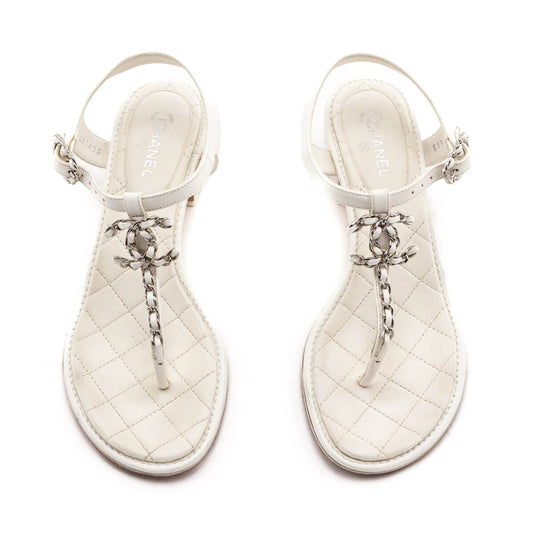 Chanel White Quilted Chain CC T-Strap Sandals Size US 6.5 | EU 36.5