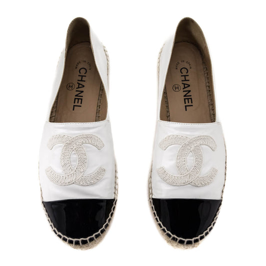 Chanel White & Black Patent Leather CC Espadrilles Size 7 | EU 37