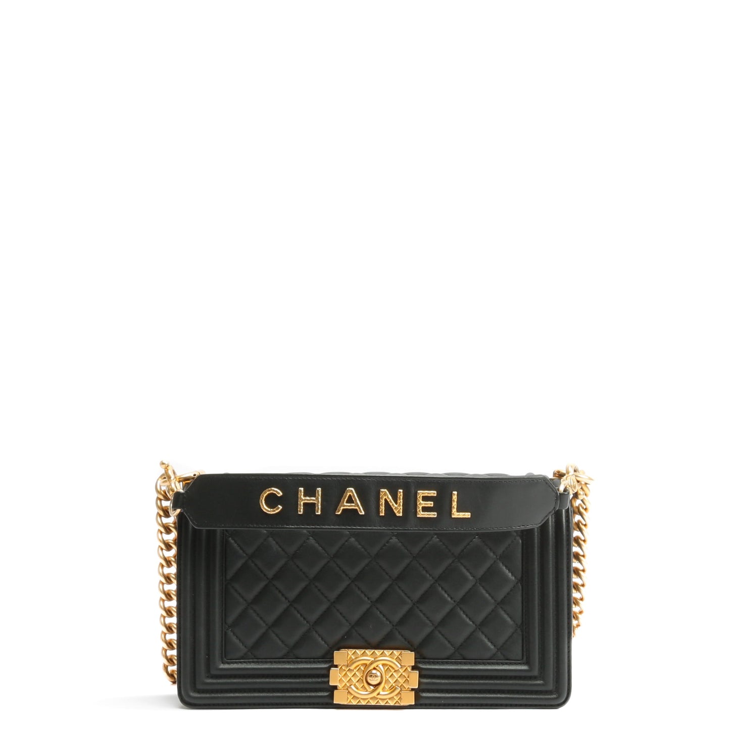 CHANEL Quilted Boy Bag w/Logo Handle Black