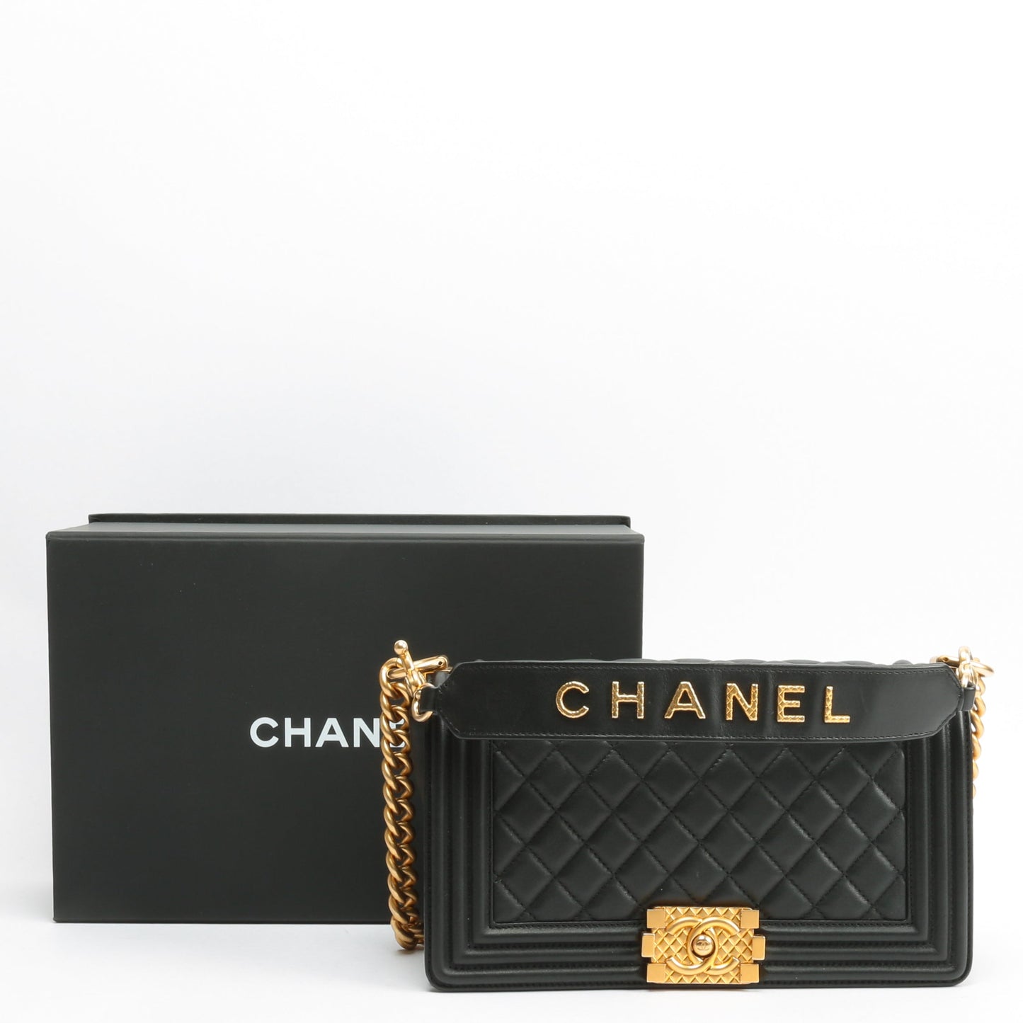 CHANEL Quilted Boy Bag w/Logo Handle Black