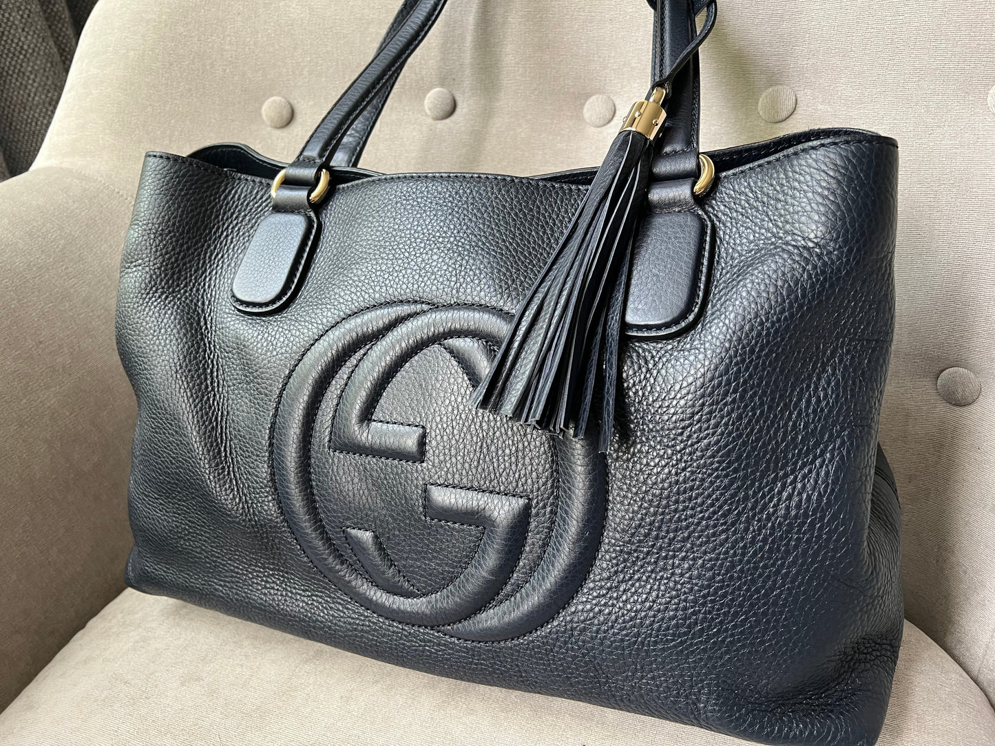 Gucci Soho Working Tote in Navy Blue Pebbled Calfskin