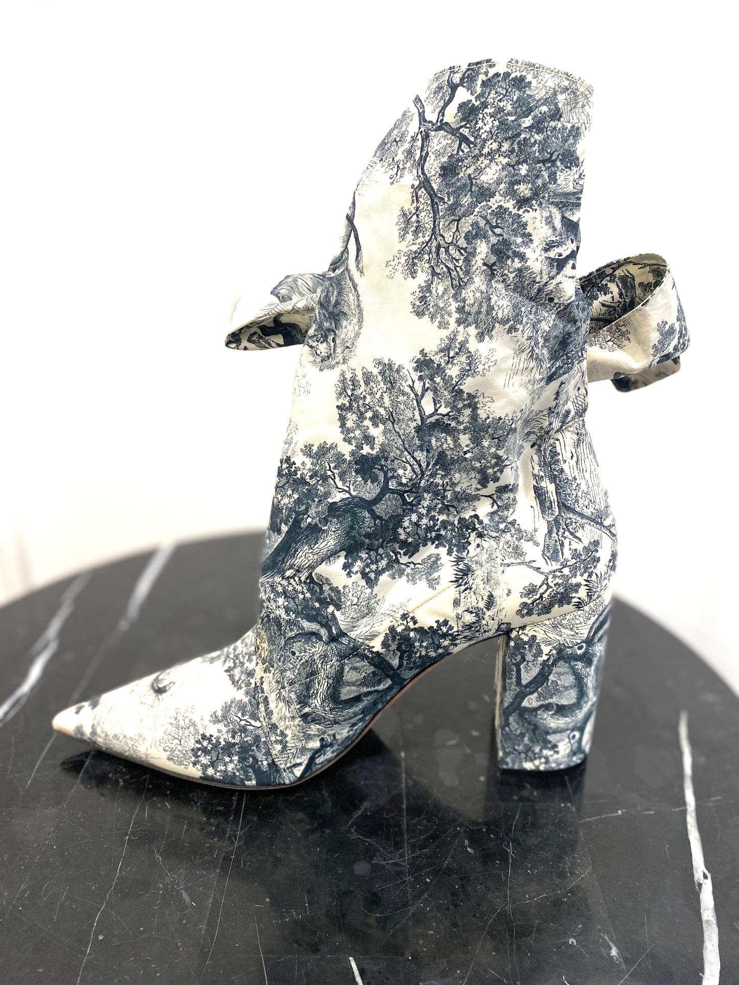 DIOR HUGGY TOILE DE JOUY FABRIC ANKLE HEELED BOOTS