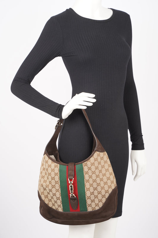 Gucci Womens Jackie Web Cherry Line Bag Brown Leather Canvas