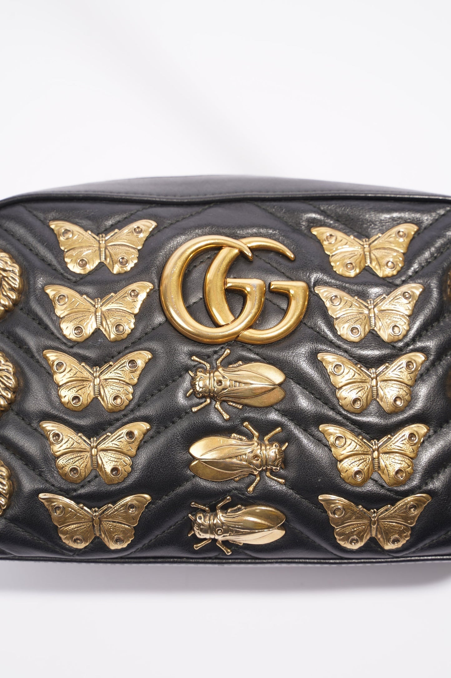 Gucci Womens Animal Studs GG Marmont Zip Bag Black Leather Small